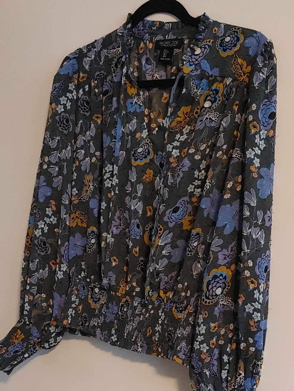Rachel Zoe Gray Floral Blouse with Blue & Mustard Accents